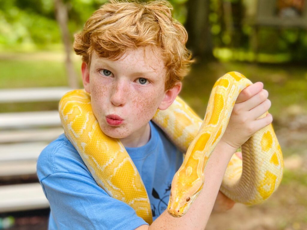 camper holding a snake at the nature program