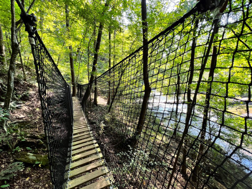 a small suspension bridge on the creek trail