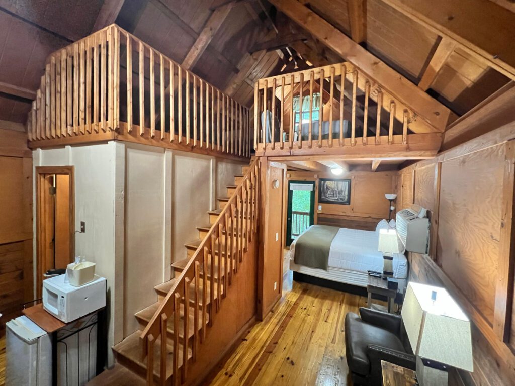 inside the pine log cabins at historic banning mills