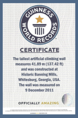 Guinness Book of World Record Certificate for the Tallest Free Standing Climbing Wall