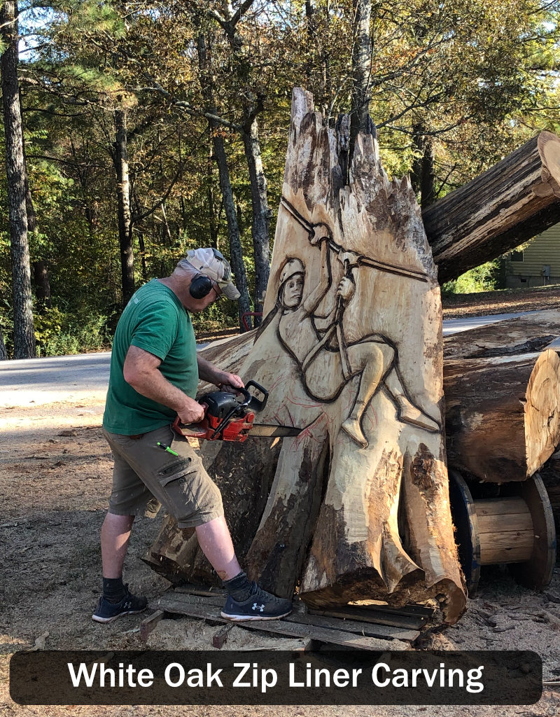 carving a zip liner into the white oak stump at historic banning mills