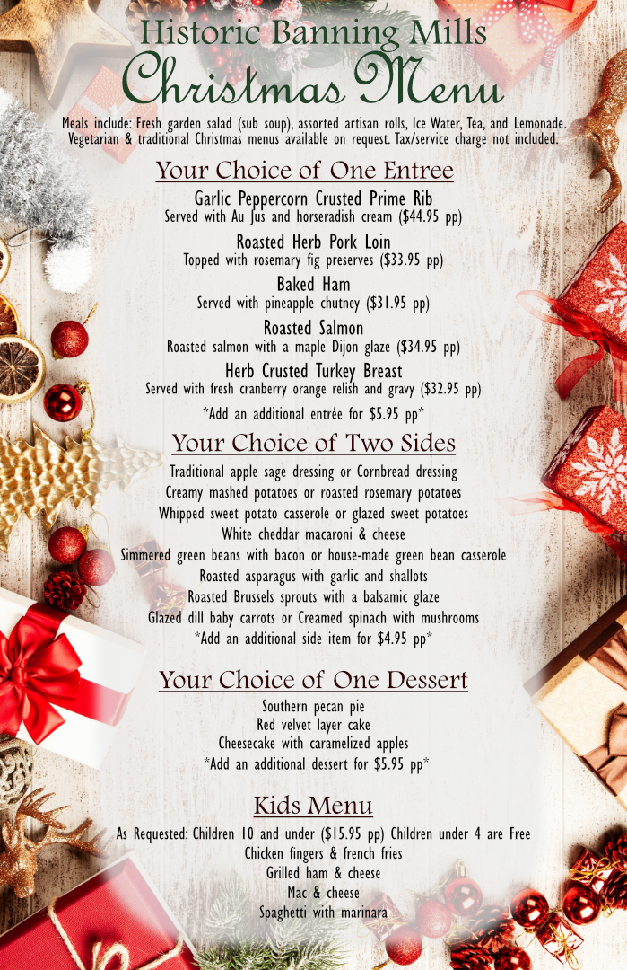 Christmas Menu 2024 - Historic Banning Mills