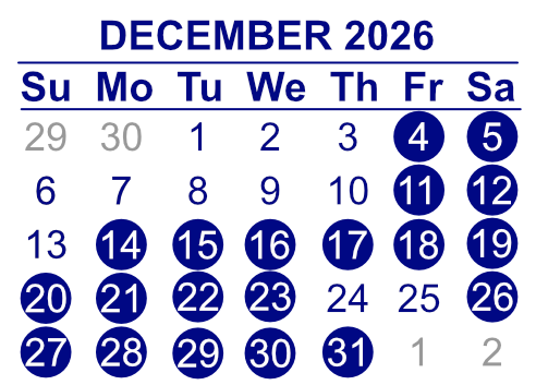 Christmas at the Crazy Squirrel dates in December: 4th, 5th, 11th through 23rd, and 26th through 31st